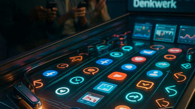 Photorealistic close-up of a neon-lit pinball machine themed as a live marketing console at