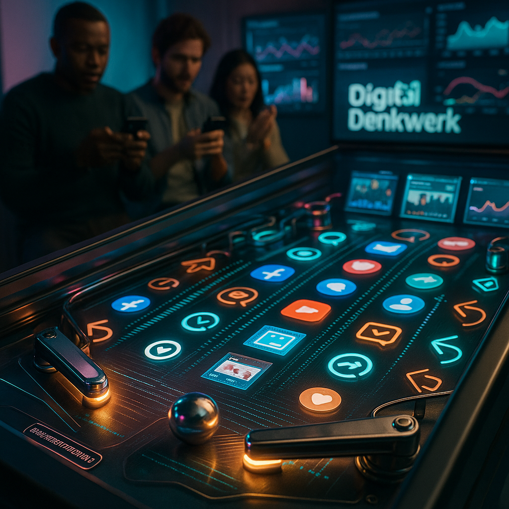 Photorealistic close-up of a neon-lit pinball machine themed as a live marketing console at